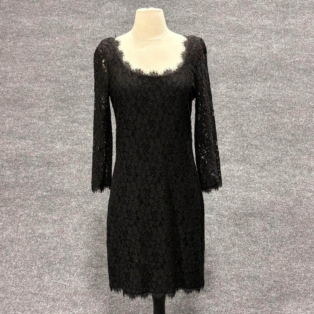 Diane von Furstenberg Dress Womens 10 Black Lace Sheath 3/4 Sleeve Zip Cocktail